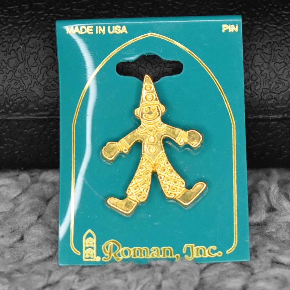 🔥 3/$15 NWT Vintage Roman Inc. Gold Clown Lapel Pin